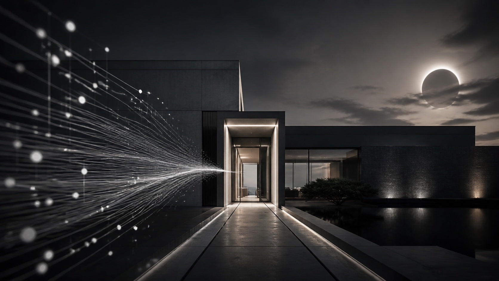 Real estate inquiry signals converging on a modern architectural doorway