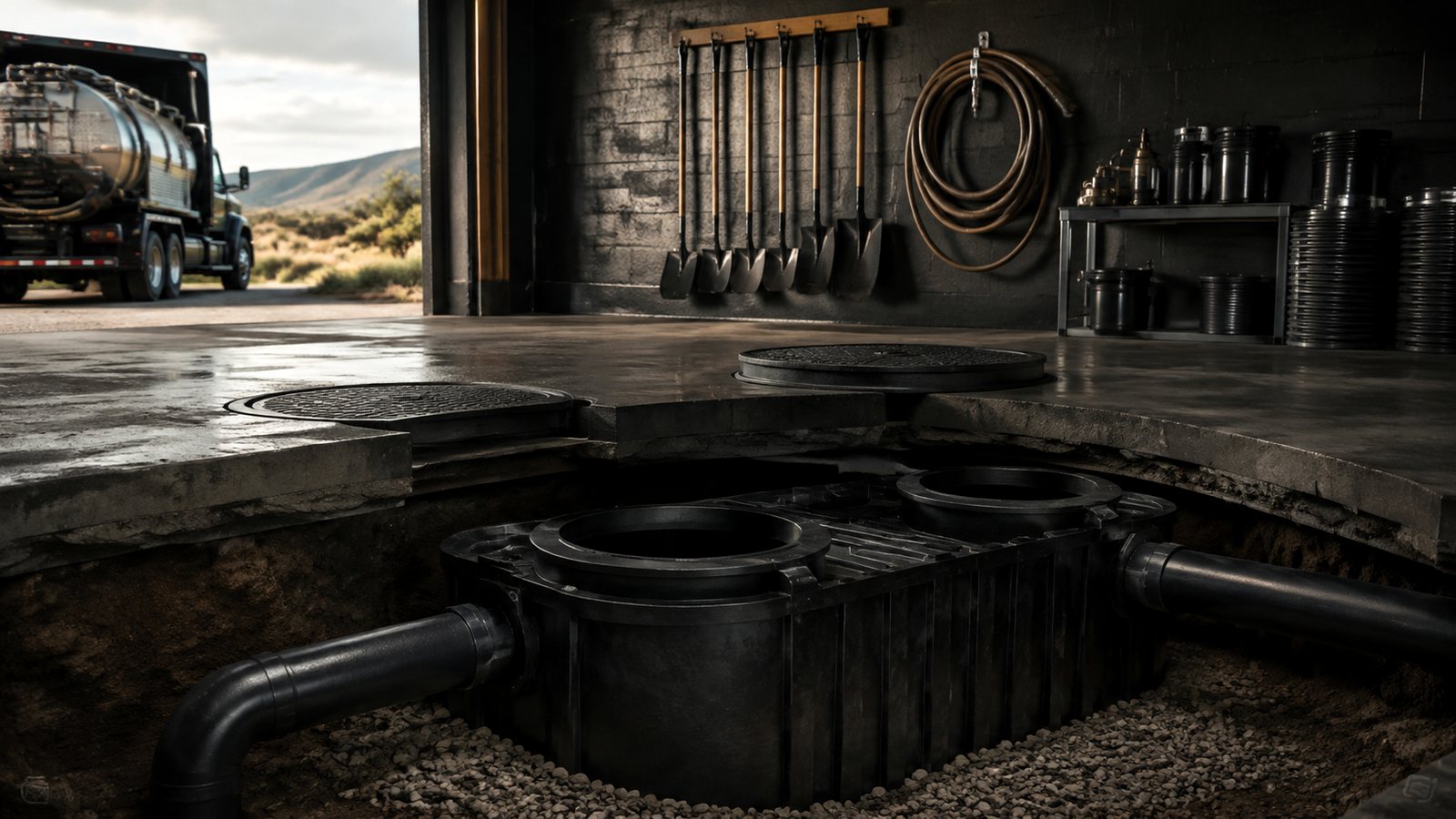 Dark architectural service system representing booked-job demand for Utah Septic Service Local SEO: Own the County-Level Search
