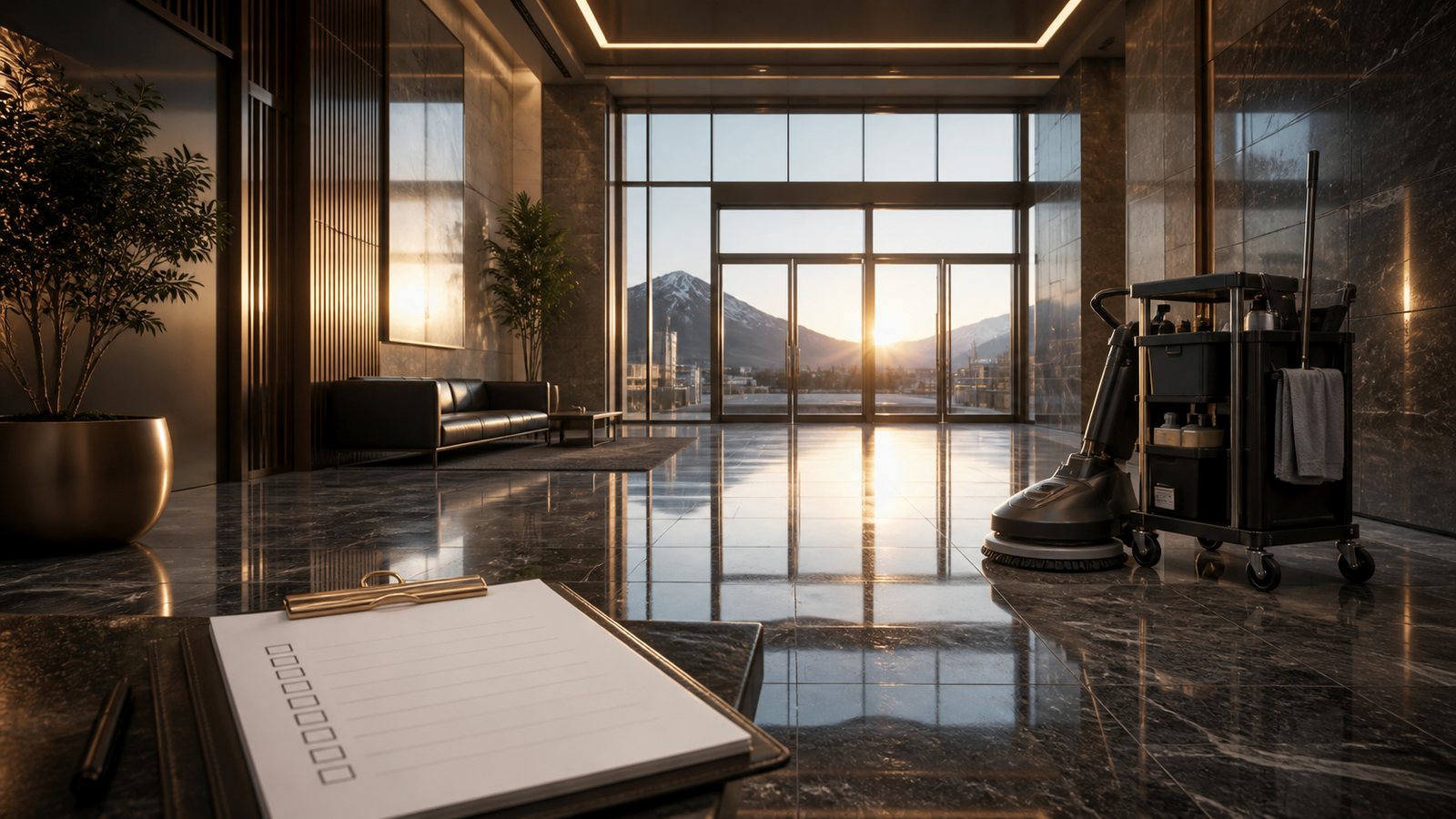 Dark architectural service system representing booked-job demand for Utah Commercial Cleaning Lead Generation: Book the Walkthrough, Not a Mystery Lead