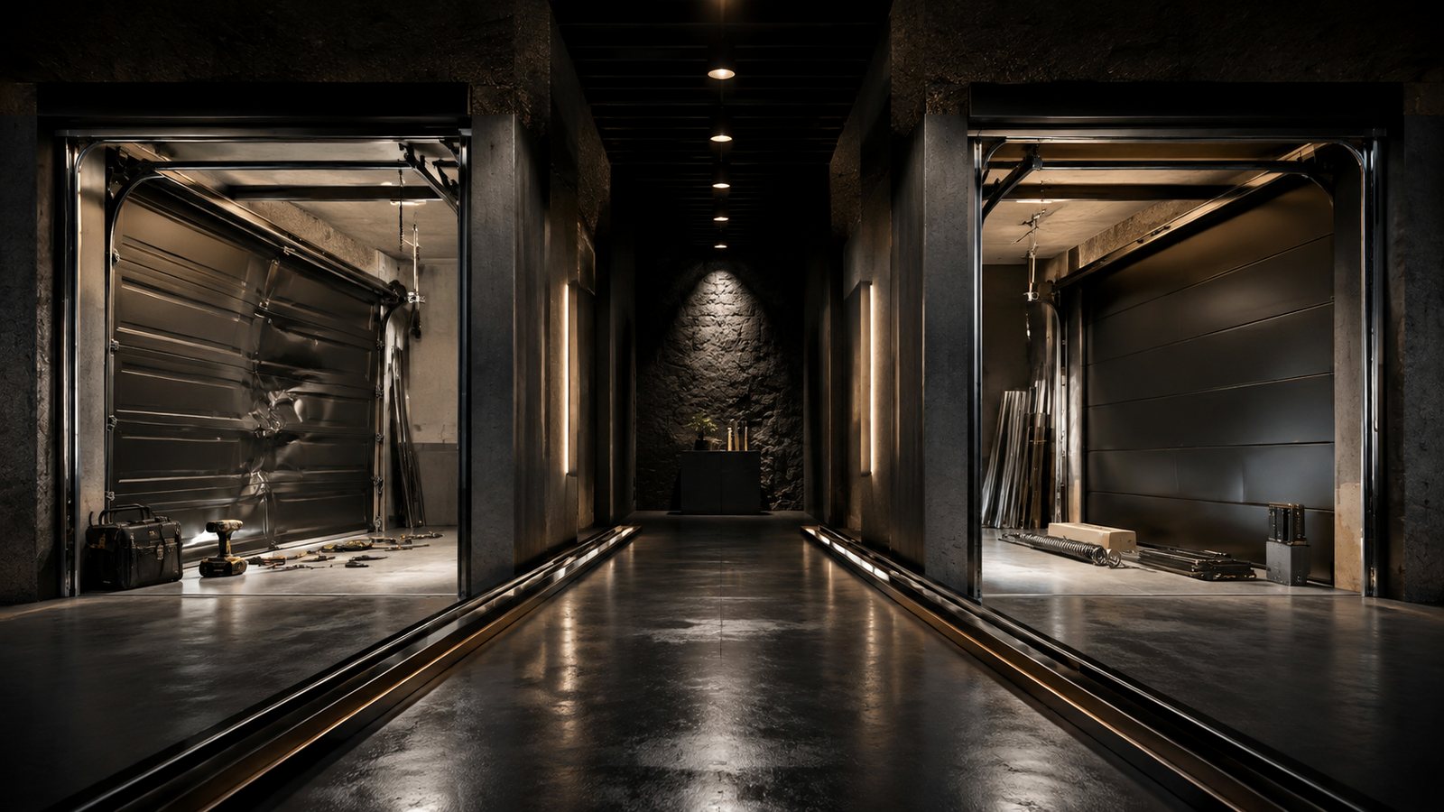 Dark architectural service system representing booked-job demand for Utah Garage Door Google Ads: Separate Repair From Replacement