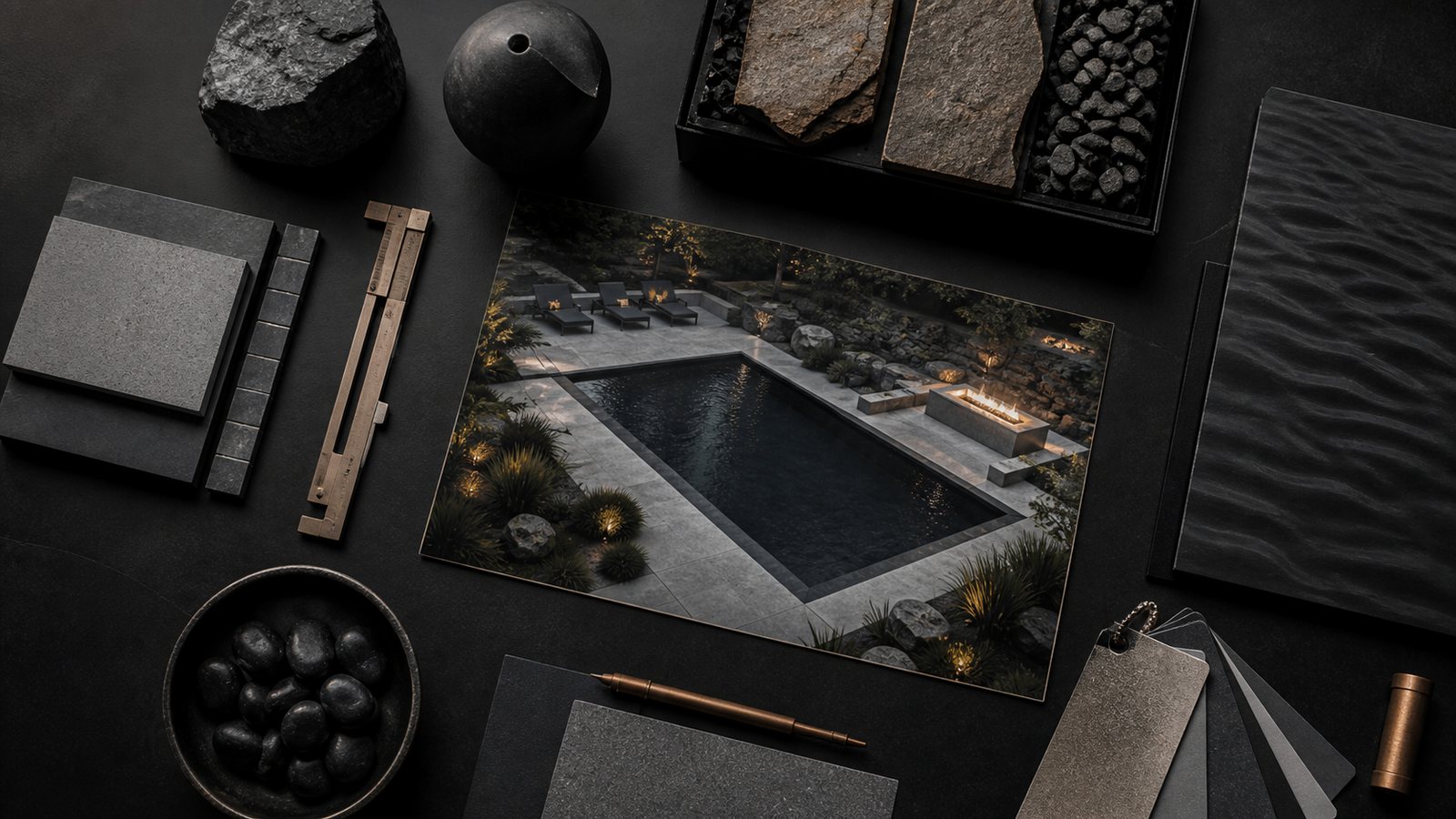 Dark architectural service system representing booked-job demand for Utah Pool Builder Lead Generation: Qualify the Backyard Dream