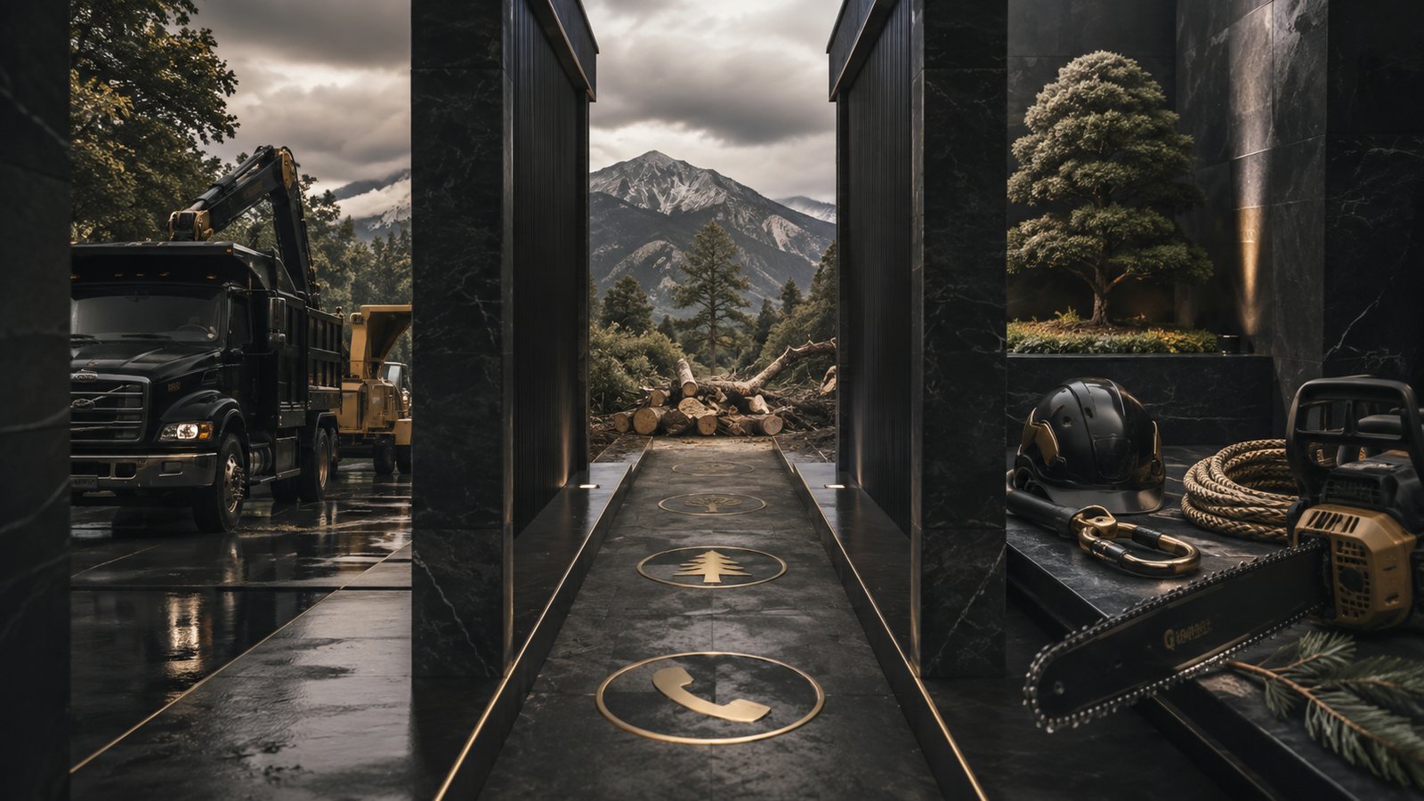Dark architectural service system representing booked-job demand for Utah Tree Service Google Ads: Route Emergency, Removal, and Care Correctly